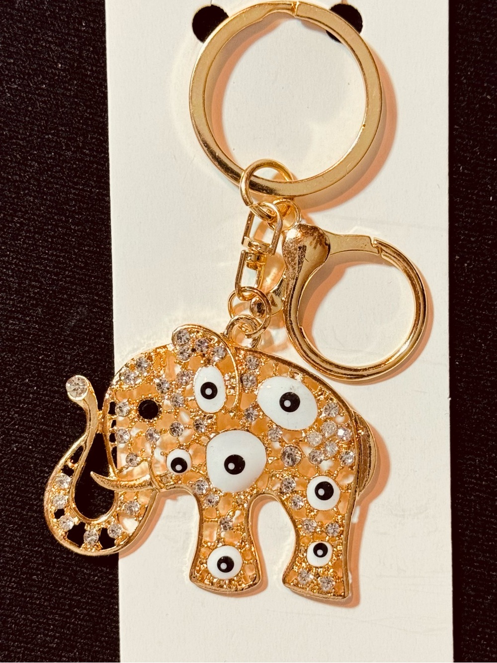 NWT Crystal Rhinestone Elephant Evil Eye Keychain Bag Charm Gold Tone White